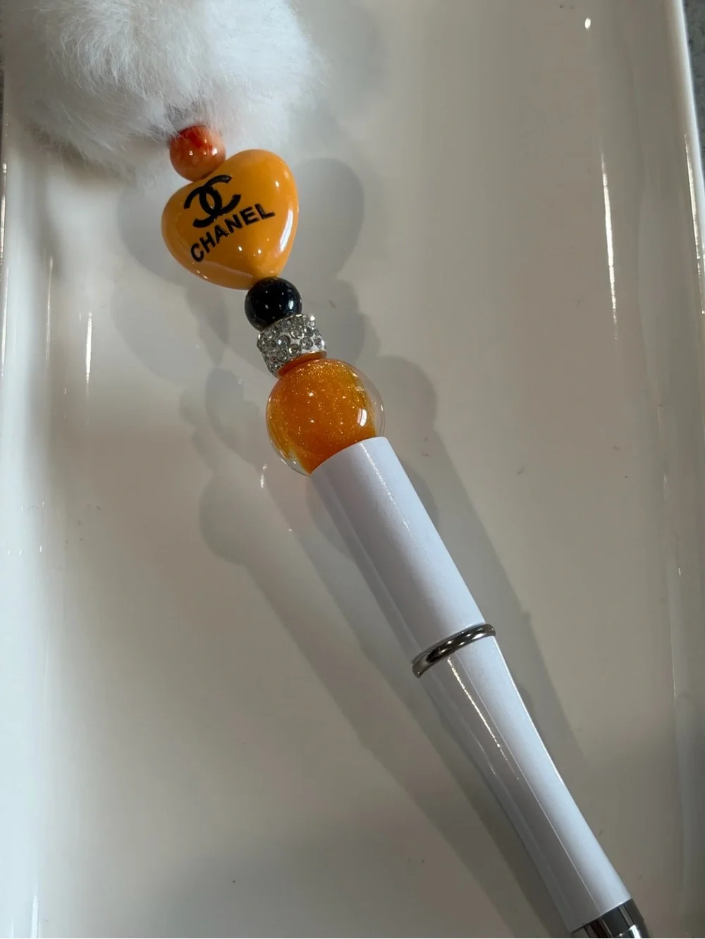 LUXURY INSPIRED White Pen with Orange Heart Charm and Gold Sparkle Bead